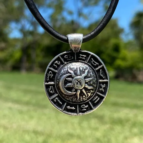 Vista 2 de Greek Zodiac Calendar Necklace - Green Patina Jewelry, Men Moon and Sun Pendant, Women and Girl Choker, Antique Boho Charm, Best Friend Nativa