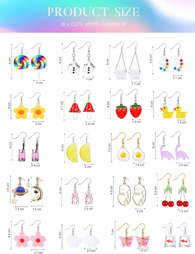 Vista 7 de 20 pares de aretes divertidos, adorables y raros para mujeres y niñas, con inclusión de osito de goma, té con leche, pez dorado, caricatura pintada