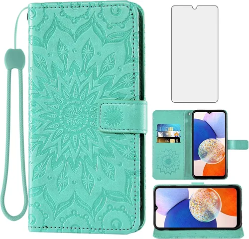 Vista 10 de Asuwish Funda de teléfono para Samsung Galaxy A14 5G con protector de pantalla de vidrio templado y funda delgada de piel de girasol, soporte