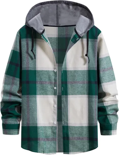 Vista 23 de Aymnlox Sudaderas con capucha para hombre, de manga larga, a cuadros, con botones, con capucha, casual, elegante, con cordón, 2024 #A01-Red