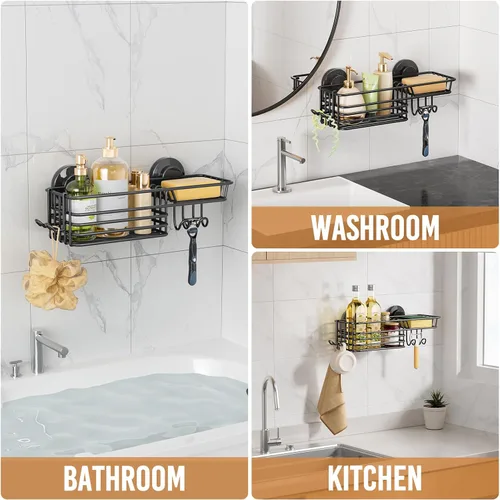 Vista 6 de LEVERLOC Cesta de ducha con ventosa, cesta de ducha con ganchos y jabonera para baño, organizador de ducha para baño sin necesidad de taladrar