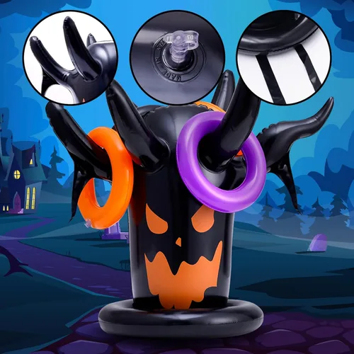 Vista 3 de Juego de lanzamiento de anillos de Halloween, inflable, espeluznante, juego de lanzamiento de brujas para niños, suministros de fiesta de Halloween