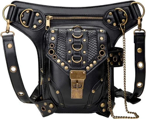 Vista 9 de Riñonera gótica, punk, táctica, para exteriores, bicicleta, motocicleta, ciclismo, senderismo, riñonera para cadera/muslo, bolsa de hombro negra