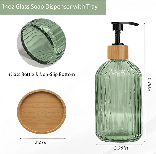 Vista 3 de Green Glass Soap Dispenser with with Bamboo Pumps & Tray, 140z Hand and Dish Soap Dispenser Bathroom Set, Vertical Stripe Bathroom Lotion Dispenser