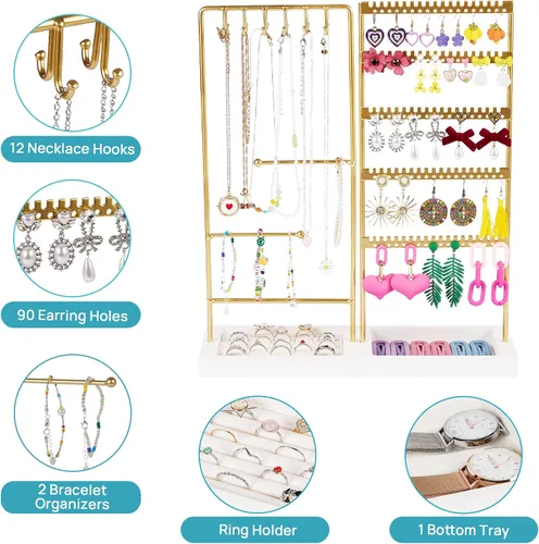 Vista 4 de Vtopmart Soporte organizador de joyas para aretes, collares, anillos, pulseras, exhibición y almacenamiento, con 90 agujeros, 12 ganchos, bandeja