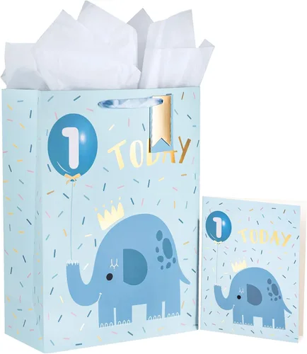 Vista 16 de WRAPAHOLIC Bolsa de regalo grande de 13 pulgadas con tarjeta y papel de seda, adorable bolsa de regalo de elefante para bebé, baby shower, fiesta