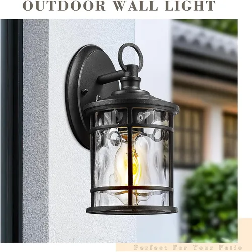 Vista 3 de Emliviar XE229BS BK-WG - Iluminación de pared para exteriores, 1 luz, luz de aluminio de 11.4 pulgadas con vidrio ondulado de agua, XE229BS BK-WG