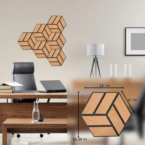 Vista 3 de Paneles hexagonales de madera acústica – Juego de 12 paneles de pared para insonorización y decoración elegante Paneles de Madera Decorativos