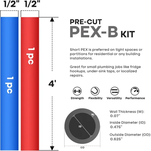 Vista 3 de SUPPLYGIANT Barra de tubo PEX-B de 1/2" x 4 pies, paquete de tubos Pex rojos y azules para tubería de agua potable, plomería de agua caliente