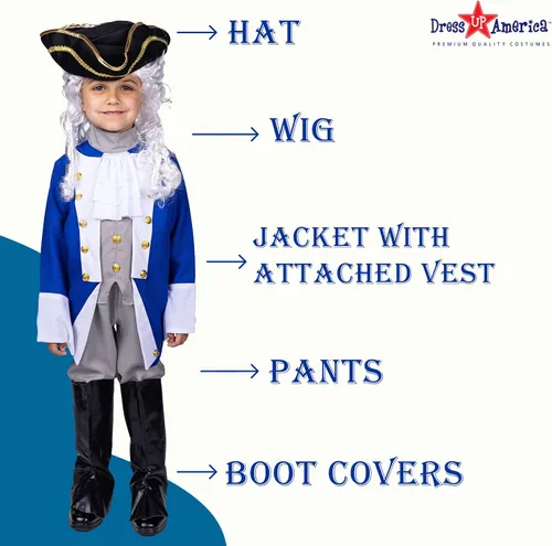 Vista 2 de Dress Up America Disfraz de patriota colonial con sombrero y peluca