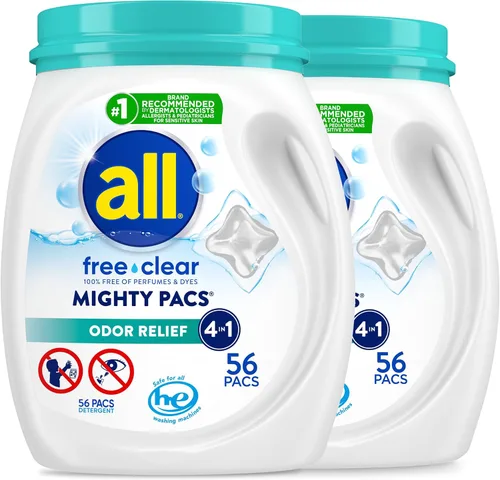 Vista 11 de All Mighty Pacs Detergente para Ropa Libre y Transparente Alivio de Olores, Envase, 56