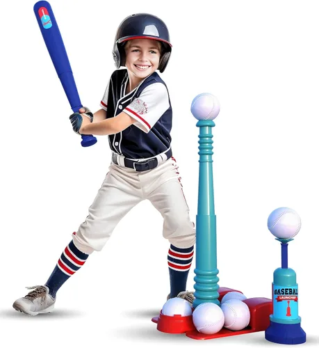 Vista 9 de TOMLEON Soporte de T-Ball para niños y niñas de 1-3, 3-5, 5-8 años. Set de béisbol con 6 pelotas grandes, camiseta de bateo T-ball ajustable