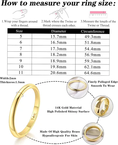 Vista 6 de FUNEIA Anillo de oro de 14 quilates para mujeres y hombres, 0.079 in, 0.118 in, 0.157 in, 0.197 in, 0.236 in, 0.315 in, 0.394 in, anillos de boda