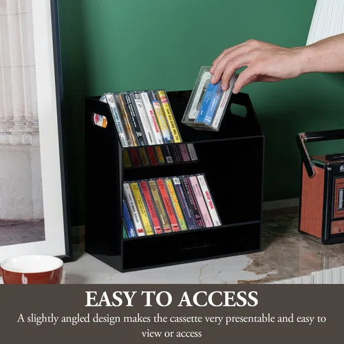 Vista 3 de MyGift Soporte para casetes compactos de acrílico negro de 2 niveles con asas de transporte recortadas, cintas de casete de audio retro, soporte