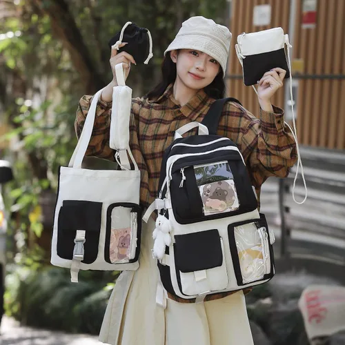 Vista 7 de HORHREAR - Mochila kawaii de 5 piezas para la escuela, bonita mochila transparente preparada con colgante estético para niñas y niños, bolsa primaria