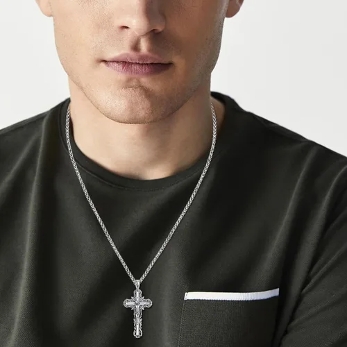 Vista 3 de Collar con colgante de cruz de plata de ley 925 con Crucifijo de Jesucristo INRI para hombres y mujeres, medalla religiosa cristiana para hombre
