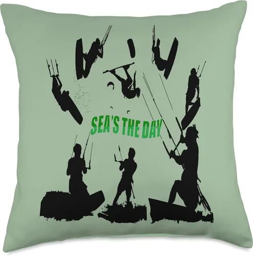 Vista 4 de Kitesurf Gifts and Surf Lover Tees by taiche Kitesurfer Pattern Black Silhouette Seas The Day Fun Pun 2 Throw Pillow, 16x16, Multicolor