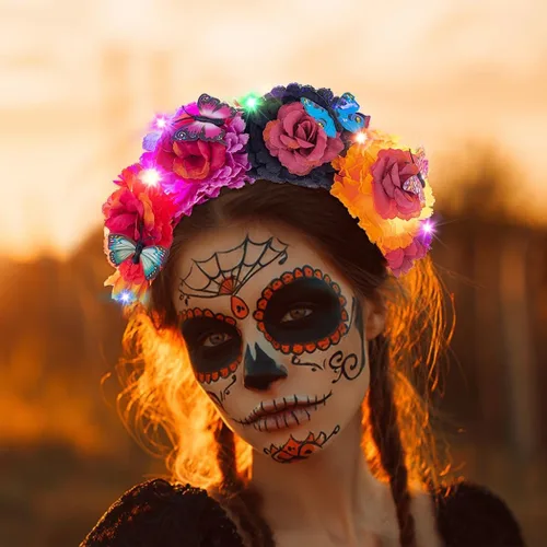 Vista 8 de Diadema de flores iluminada para mujer, accesorio para el día de los muertos, accesorios para el cabello de Halloween