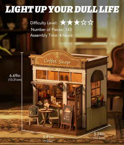 Vista 2 de Kit de rincón de libros DIY Cafetería Casa en miniatura Rompecabezas de madera 3D con luz LED, decoración de estantería pequeña kit de construcción