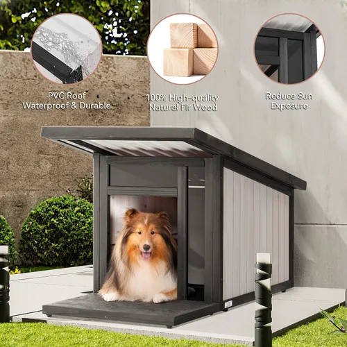 Vista 4 de Casa para perros al aire libre, techo inclinado impermeable contra la lluvia y la nieve, casas para perros de diseño moderno con panel resistente a