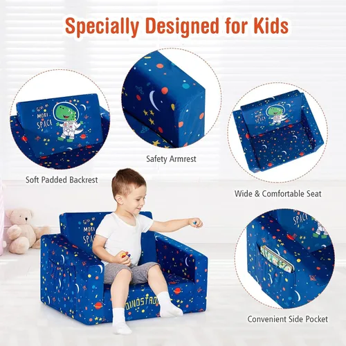 Vista 8 de Costzon Sofá para niños, sofá infantil abierto 2 en 1 con tela de terciopelo, bolsillos de almacenamiento, reposabrazos para niños pequeños, cama