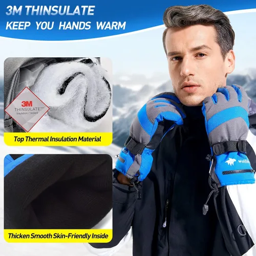 Vista 2 de WOLFILIST Ski Gloves Waterproof Windproof - 3M Thinsulate Insulated Warm Snow Gloves, Snowboard Gloves with Zipper Pocket, Touchscreen Winter Gloves