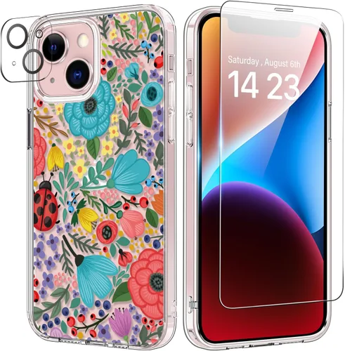 Vista 48 de bicol Funda para iPhone 14 Plus con Protector de Pantalla y Lente de Cámara - Diseños Florales de Moda para Mujeres y Niñas - Funda Transparente