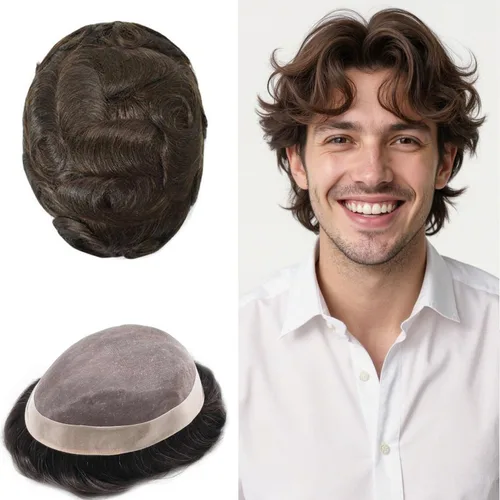 Vista 62 de Fine Mono Men Hair System Mens Toupee Real Human Hair Pieces For Men's Toupee Hair System For Men Hair Piece Natural Hairline 6X8 densidad de luz