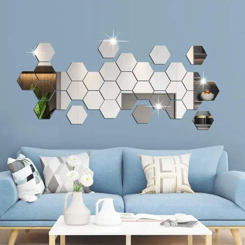 Vista 5 de 36 calcomanías de pared de espejo acrílico extraíbles, calcomanías de pared hexagonales plateadas, calcomanías de pared autoadhesivas 3D, azulejos