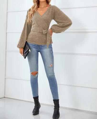 Vista 4 de QUALFORT Womens Belt Sweater Wrap V Neck Sweater Lantern Sleeve Pullover