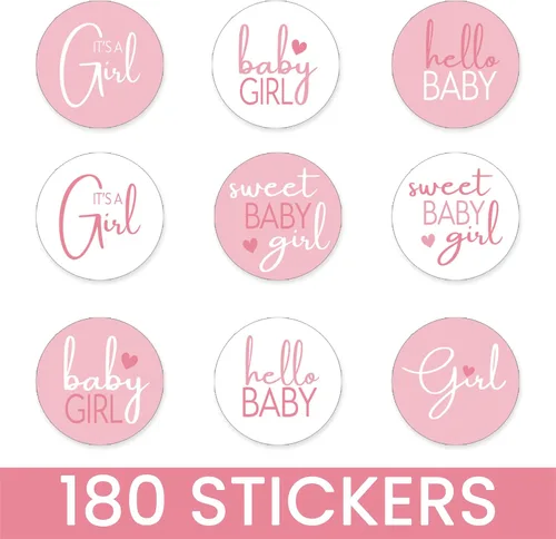 Vista 2 de Calcomanías rosadas de besos para baby shower con texto en inglés "It's a Girl", 180 unidades, 9 diseños 0.75" Round, Fits Chocolate Drops, Candy