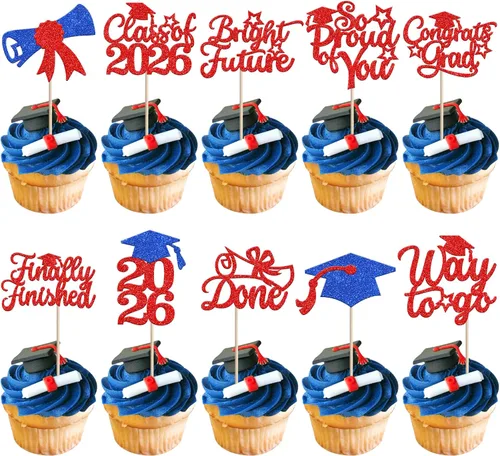 Vista 58 de 30 piezas de decoración para cupcakes de graduación para la clase de 2026 con purpurina brillante para el futuro diploma hecho 2026 Felicidades