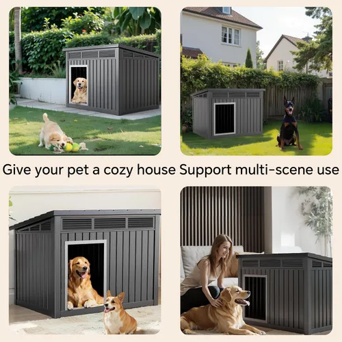 Vista 7 de PatioZen Casa para perros para interiores y exteriores, casa duradera con casa para mascotas resistente a la intemperie para perros pequeños Negro