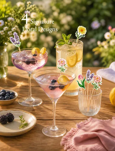 Vista 2 de 100 púas de cóctel florales, brochetas para aperitivos y bebidas