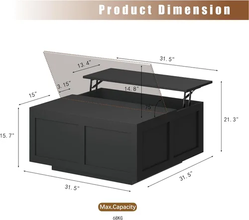 Vista 2 de HedoAjim Mesa de centro elevable con almacenamiento, mesa de centro cuadrada negra de 31.5 pulgadas con gran almacenamiento oculto, mesa central