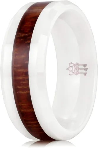 Vista 16 de THREE KEYS JEWELRY 6,8mm Black/White Ceramic Wedding Ring with Real Koa Wood Inlay Flat Top Wedding Band Engagement Ring Comfort Fit Size 4-16