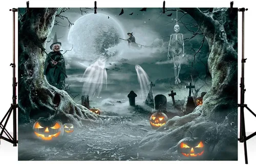 Vista 2 de MEHOFOND Telón de fondo de calabaza de Halloween de 7 x 5 pies para fotografía, bosque de terror, luna llena, noche de cementerio, fondo