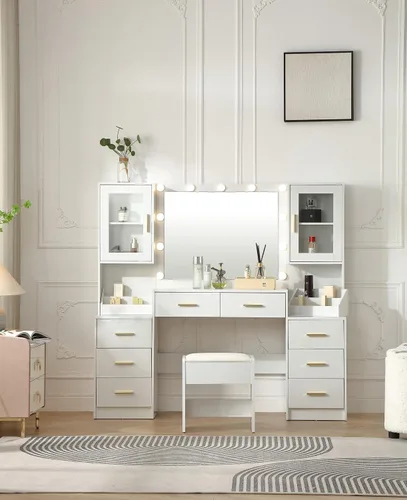 Vista 7 de FOREST GRAVITY Tocador grande de 58.3 pulgadas con espejo plegable y luces, escritorio de maquillaje con espejo y luces, tomacorriente, silla y dos