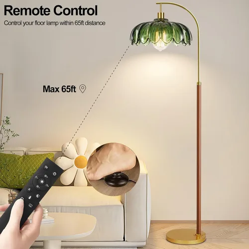 Vista 4 de Lámparas de pie de madera para sala de estar, lámpara de pie dorada con control remoto y pantalla de cristal, lámpara de arco de flores, lámpara