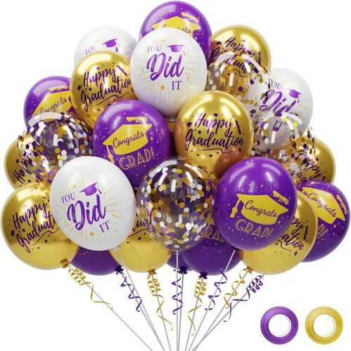 Vista 12 de Paquete de 78 globos de graduación 2026, decoraciones de graduación, globos de graduación de 12 pulgadas de oro negro con cintas para decoraciones