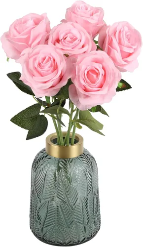 Vista 8 de IPOPU 6 rosas artificiales de seda de color rojo profundo con hojas falsas de tallo largo, rosas artificiales de tallo largo adecuadas para bodas