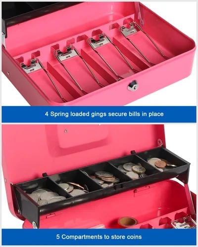 Vista 2 de Caja de dinero grande con bandeja de dinero y cerradura, caja de dinero de metal para efectivo, caja de seguridad de 11.8 x 9.5 x 3.54 pulgadas, rosa