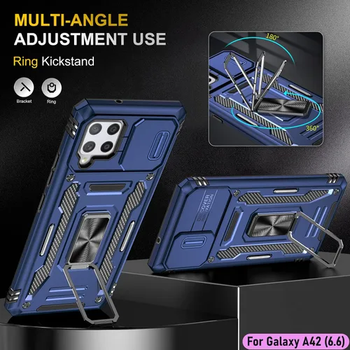 Vista 5 de Funda resistente para Samsung Galaxy A42 (5G), protector híbrido de goma de doble capa de grado militar con protector de cámara deslizante, soporte