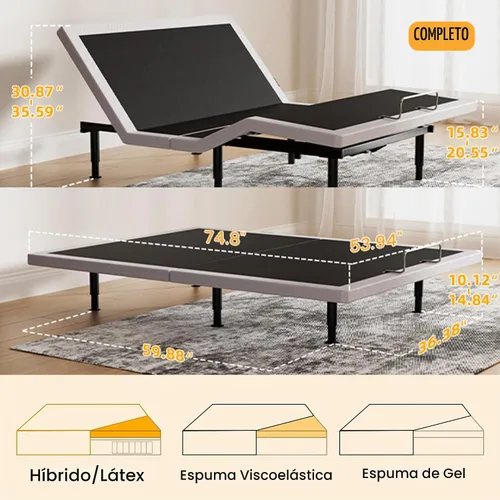 Vista 2 de Base de Cama Completa Ajustable con Masaje, Base de Cama Ajustable con Control Remoto Inalámbrico, Puertos USBX2, Luz Bajo la Cama, Altura Ajustable