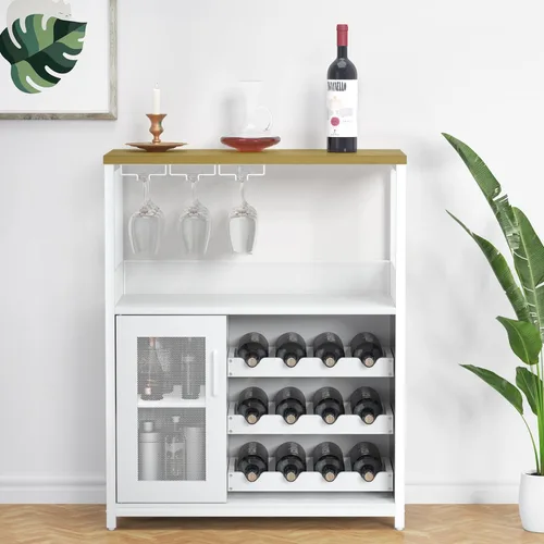 Vista 9 de IDEALHOUSE Armario de bar de vinos de 3 niveles con estante y cajón desmontable para vinos, aparador industrial y gabinete de buffet con soporte