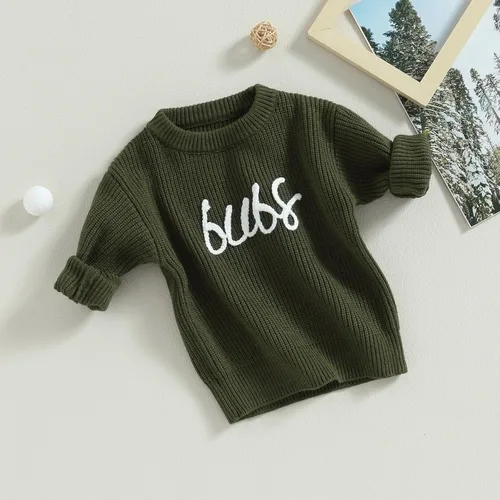 Vista 3 de Suéter de punto para bebé, niña, niño, cálido, con letras bordadas, de manga larga, para otoño e invierno