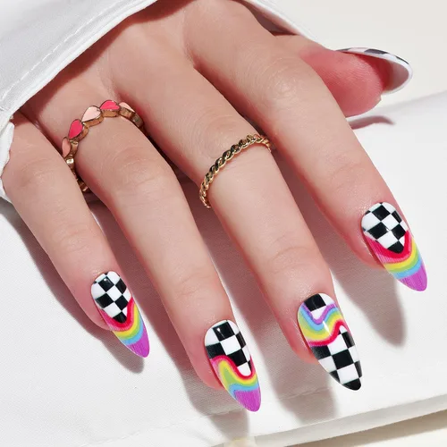 Vista 18 de GLAMERMAID Uñas postizas a presión con forma de almendra mediana, uñas de gel con punta francesa estilo gótico negro ombré, uñas postizas acrílicas