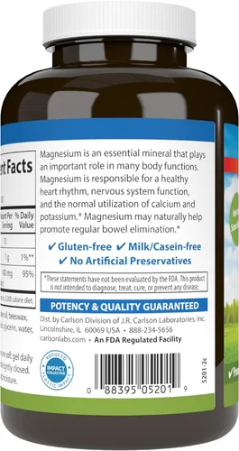 Vista 9 de Carlson - Geles de magnesio, 400 mg de magnesio por cápsula blanda, soporte cardíaco y muscular, cápsulas de gel de magnesio, función intestinal