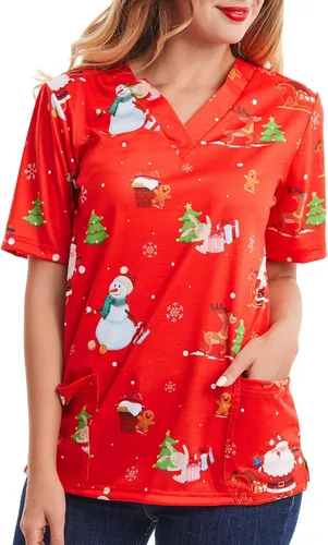 Vista 3 de SATINIOR Camisetas médicas navideñas para mujer, color rojo, con cuello navideño