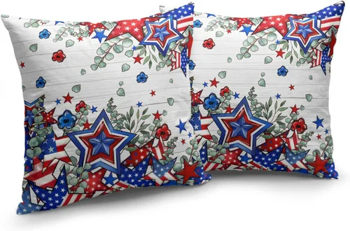 Vista 57 de Juego de 2 fundas de almohada de 16 x 16 pulgadas, diseño patriótico de bandera estadounidense con estrellas para exteriores, estilo casa de campo